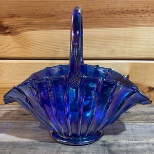 L.E. Smith Cobalt Blue Carnival Glass Basket